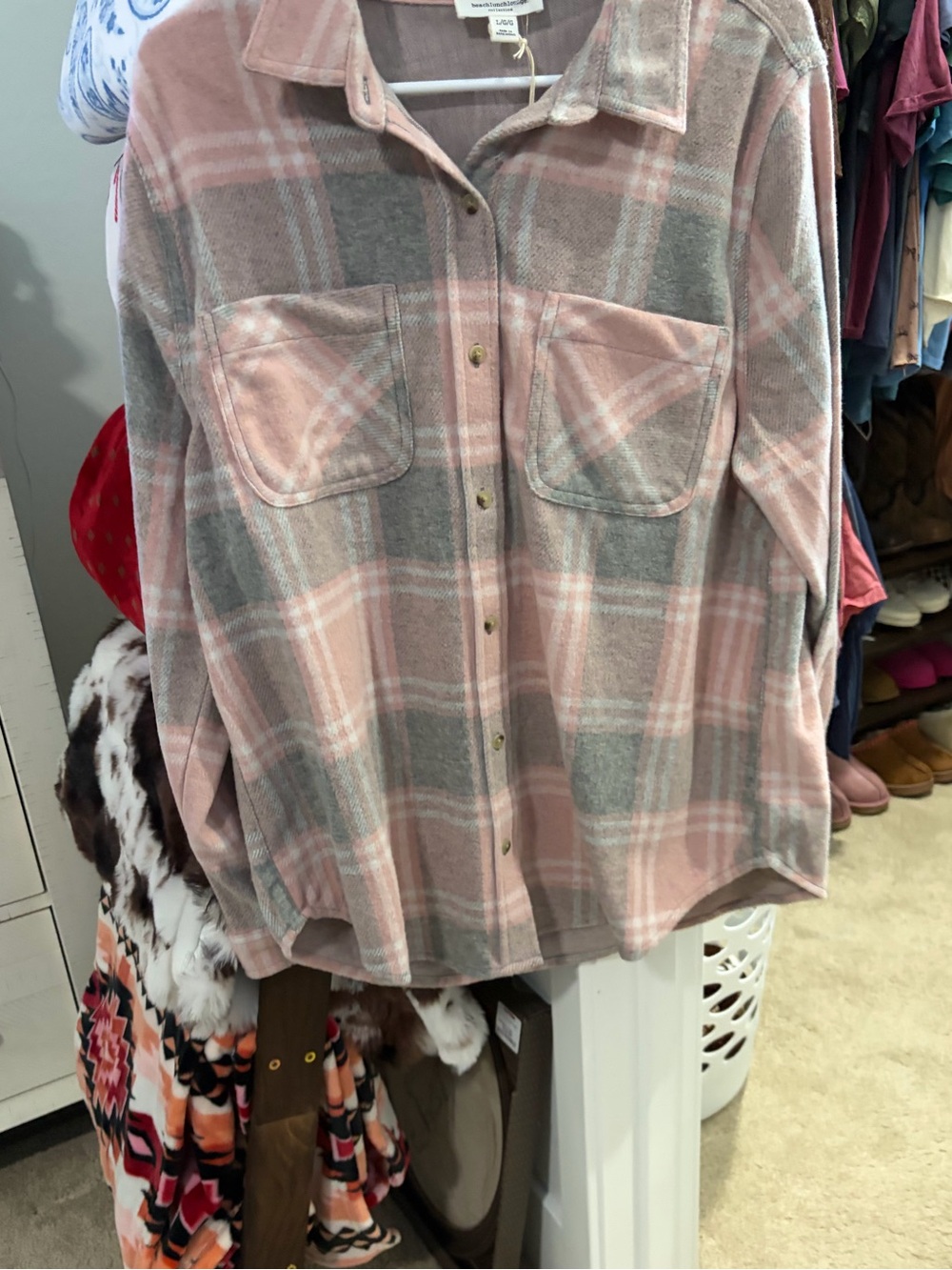 beachlunchlounge Pink and Gray Plaid Button-Down Shirt